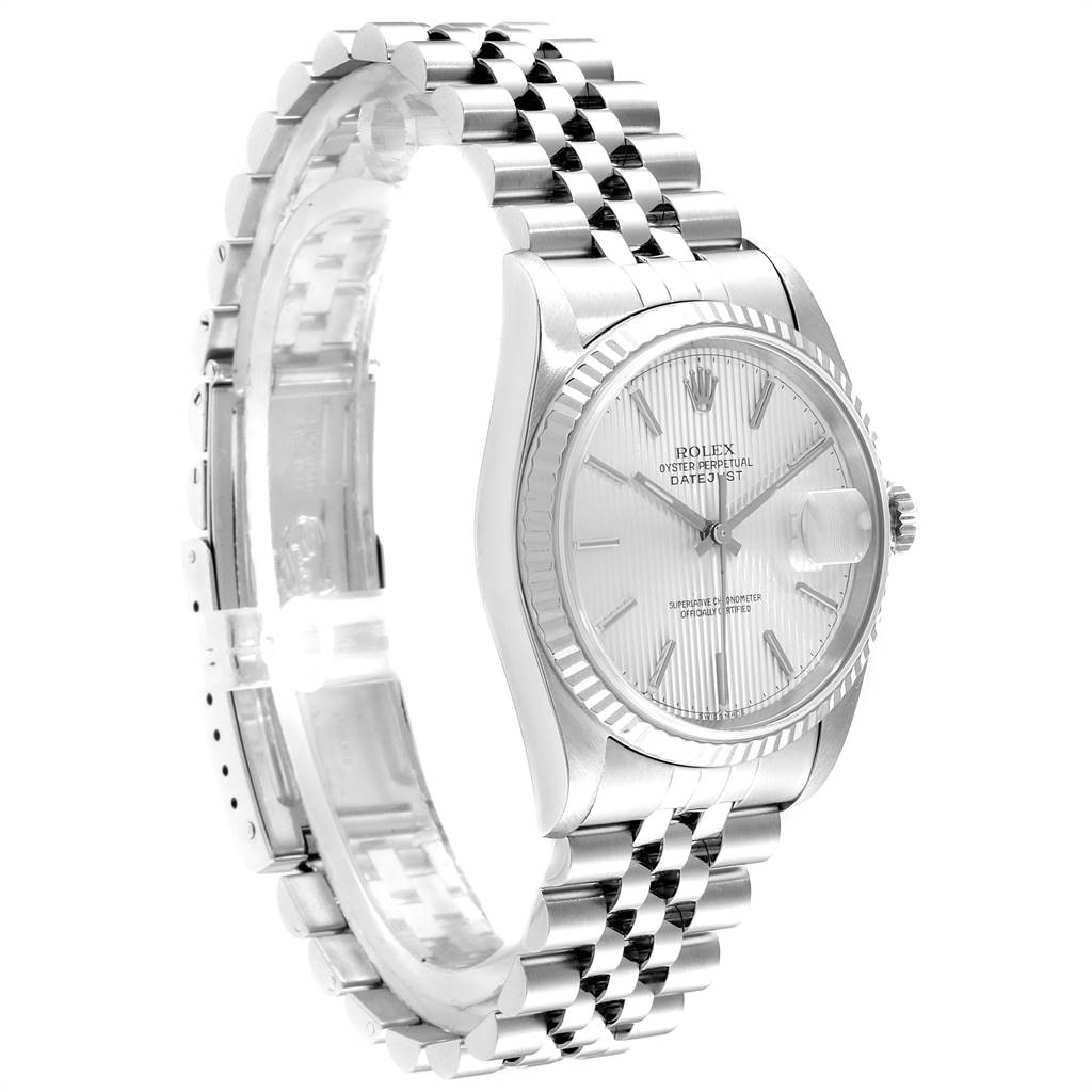 The Rolex Datejust 16234 Men's Stainless Steel Silver Dial 16234 Men's Stainless Steel Silver Dial watch is shown from a front angle, displaying the dial, bezel, and jubilee bracelet.