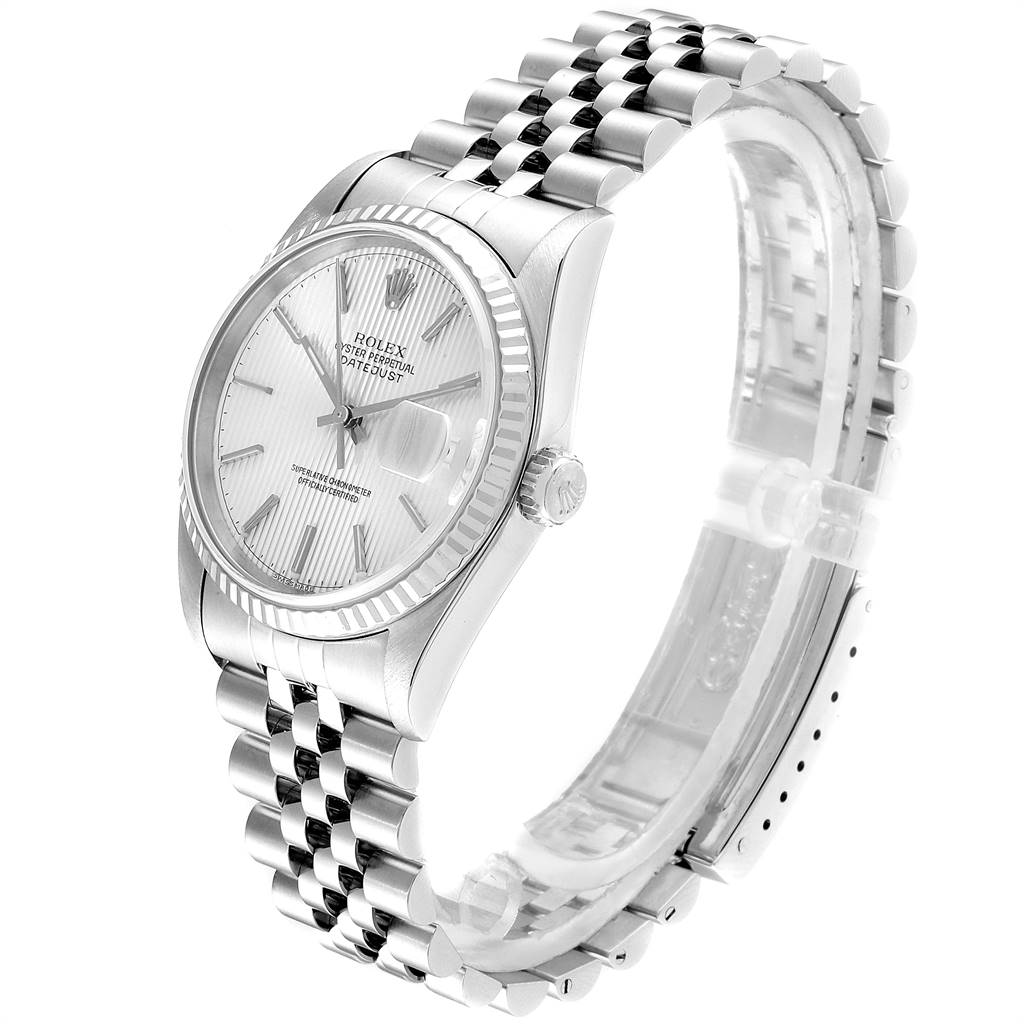 This is a side-angle view of a Rolex Datejust 16234 Men's Stainless Steel Silver Dial 16234 Men's Stainless Steel Silver Dial watch, showcasing the face, crown, and Jubilee bracelet.