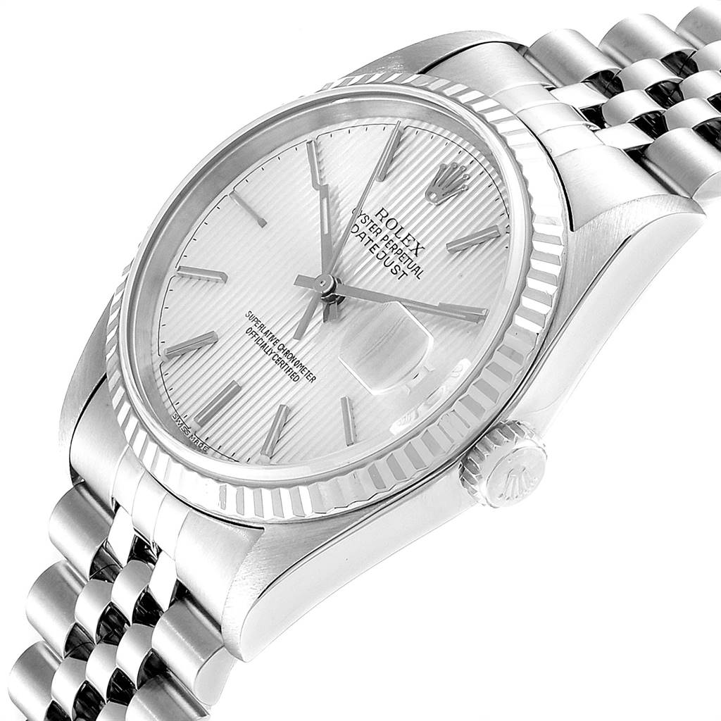 The image shows a Rolex Datejust 16234 Men's Stainless Steel Silver Dial 16234 Men's Stainless Steel Silver Dial watch at an oblique angle, highlighting its face, bezel, crown, and bracelet.