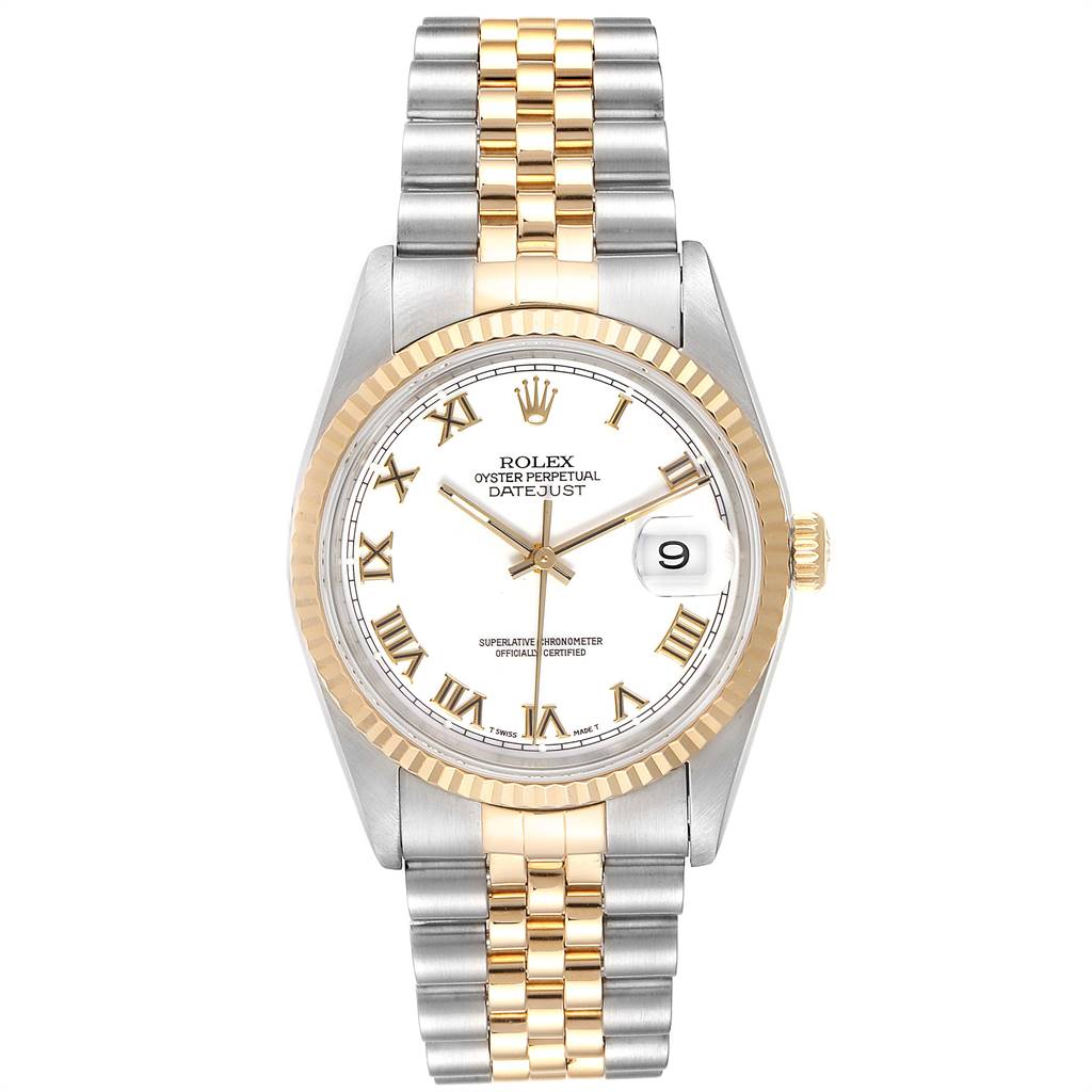 The image shows a frontal view of a Rolex Datejust 16233 Men's Steel and Gold (two tone) White Dial 16233 Men's Steel and Gold (two tone) White Dial watch, featuring its white dial, Roman numerals, and two-tone bracelet.