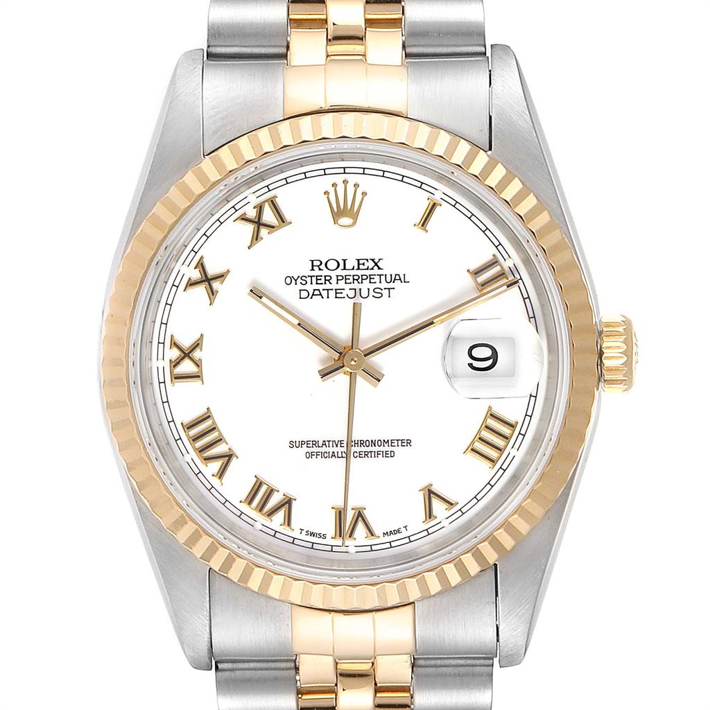 The image shows a front view of a Rolex Datejust 16233 Men's Steel and Gold (two tone) White Dial 16233 Men's Steel and Gold (two tone) White Dial watch, highlighting its dial, bezel, and bracelet.