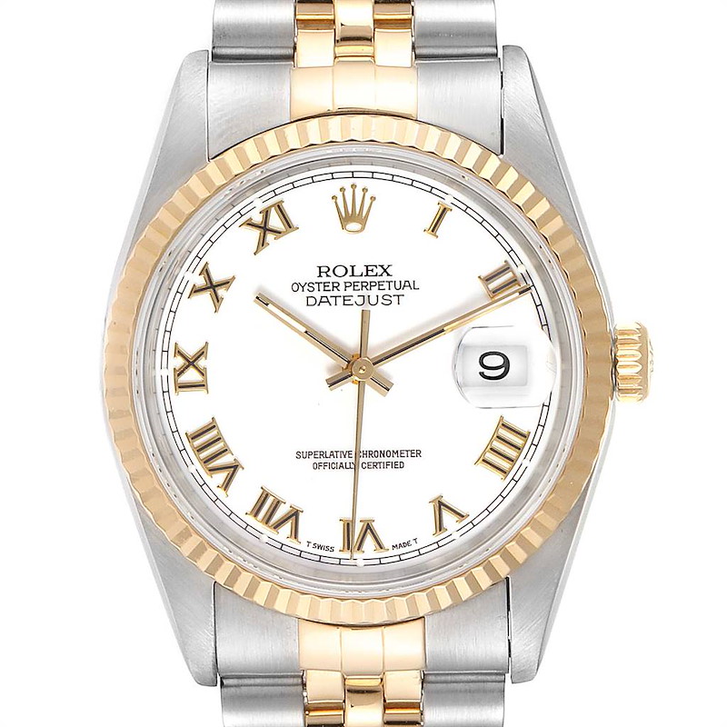 Rolex Datejust Steel Yellow Gold White Roman Dial Mens Watch 16233 SwissWatchExpo