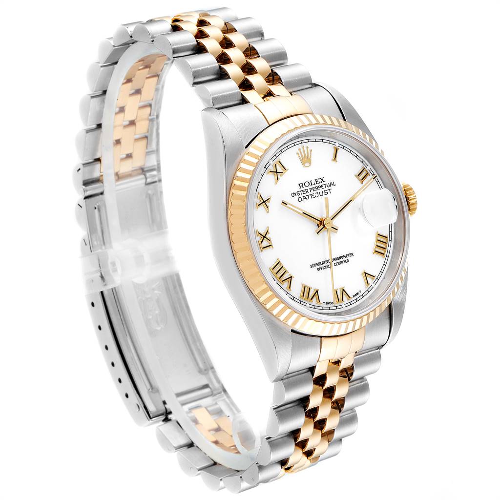 The Rolex Datejust 16233 Men's Steel and Gold (two tone) White Dial 16233 Men's Steel and Gold (two tone) White Dial watch is shown at an angled side view highlighting its gold and silver bracelet, white dial, and fluted bezel.