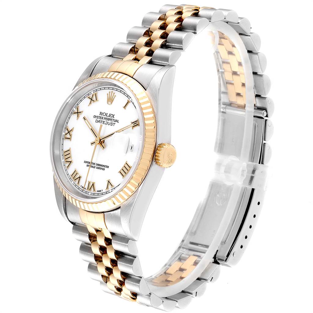 This image shows a side angle of a Rolex Datejust 16233 Men's Steel and Gold (two tone) White Dial 16233 Men's Steel and Gold (two tone) White Dial watch, highlighting its two-tone bracelet, fluted bezel, and Roman numeral dial.
