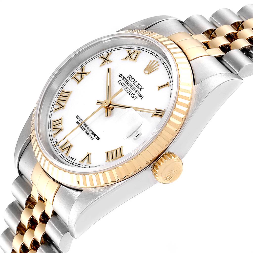 The image shows a close-up angled view of a Rolex Datejust 16233 Men's Steel and Gold (two tone) White Dial 16233 Men's Steel and Gold (two tone) White Dial, highlighting the face, bezel, and a portion of the bracelet.
