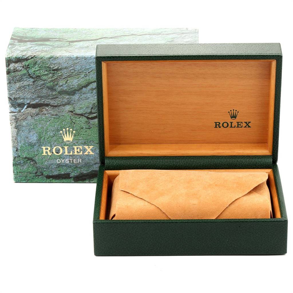 The image shows the open packaging box of a Rolex Datejust 16233 Men's Steel and Gold (two tone) White Dial 16233 Men's Steel and Gold (two tone) White Dial watch, including the outer box, green leather case, and suede cushion.