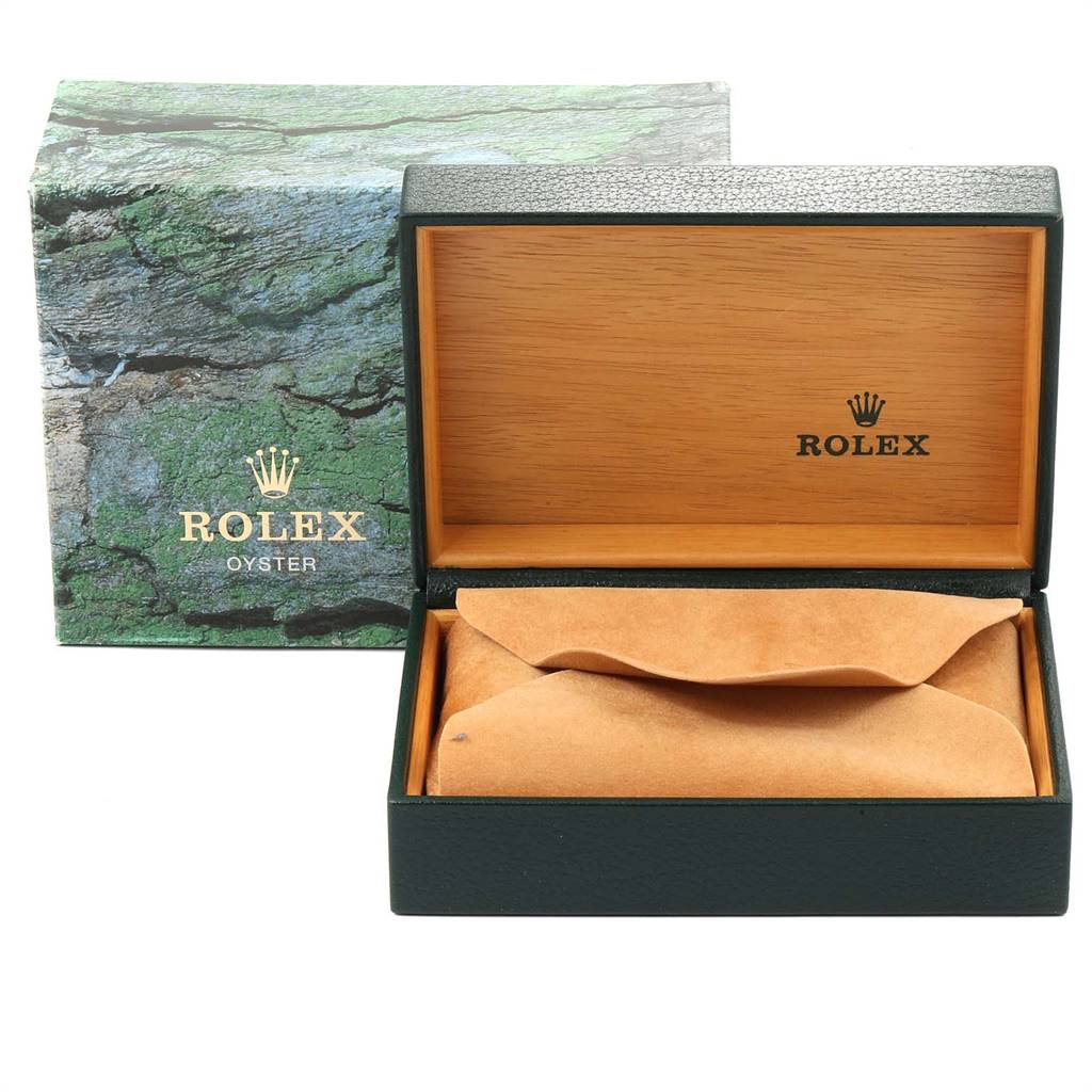 The image shows the original box and protective case for a Rolex Datejust 16234 Men's Stainless Steel Silver Dial 16234 Men's Stainless Steel Silver Dial watch, featuring the Rolex branding.