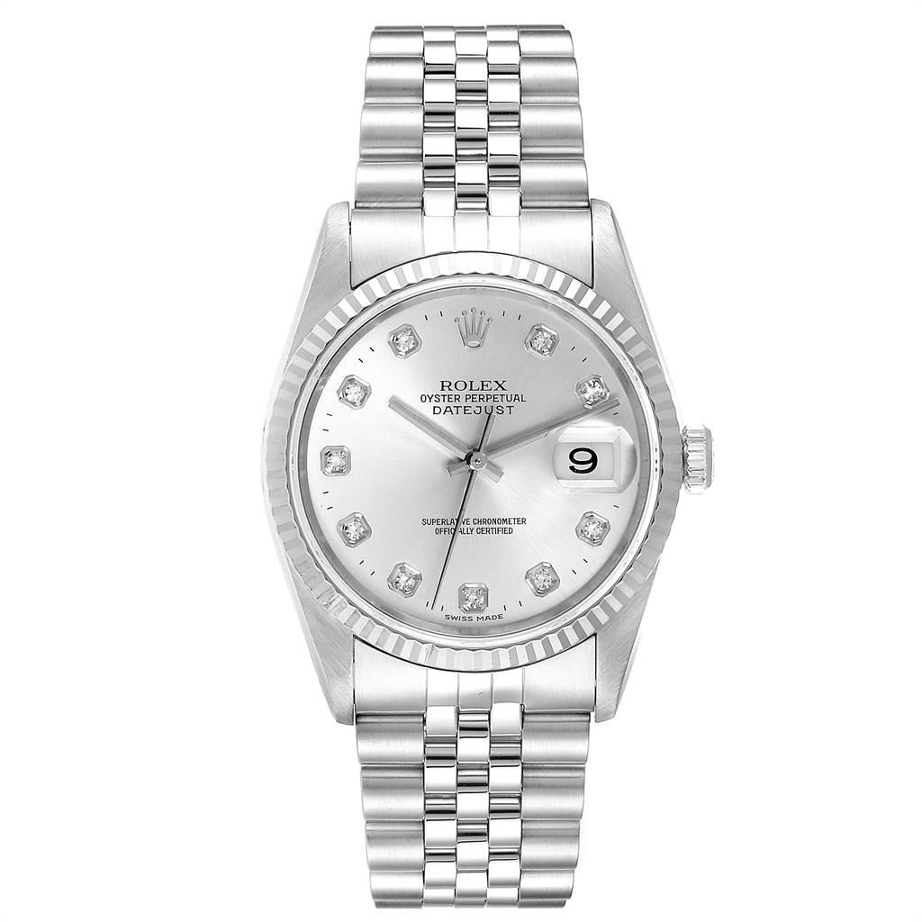 This image shows a front view of a Rolex Datejust 16234 Men's Stainless Steel Silver Dial 16234 Men's Stainless Steel Silver Dial watch, revealing the face, bezel, bracelet, and crown.
