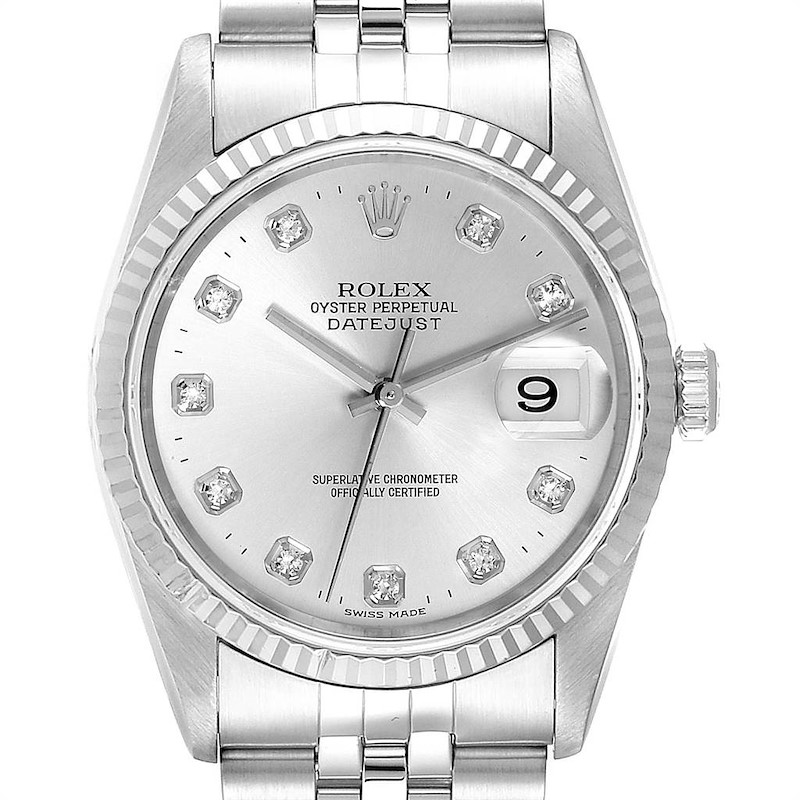 The image shows a front view of the Rolex Datejust watch, highlighting the dial, crystal, case, and part of the bracelet.