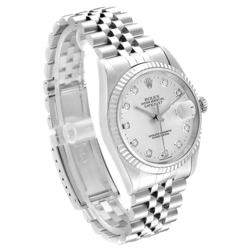 This image shows a side angle of a Rolex Datejust 16234 Men's Stainless Steel Silver Dial 16234 Men's Stainless Steel Silver Dial watch, highlighting its dial, bezel, and jubilee bracelet.