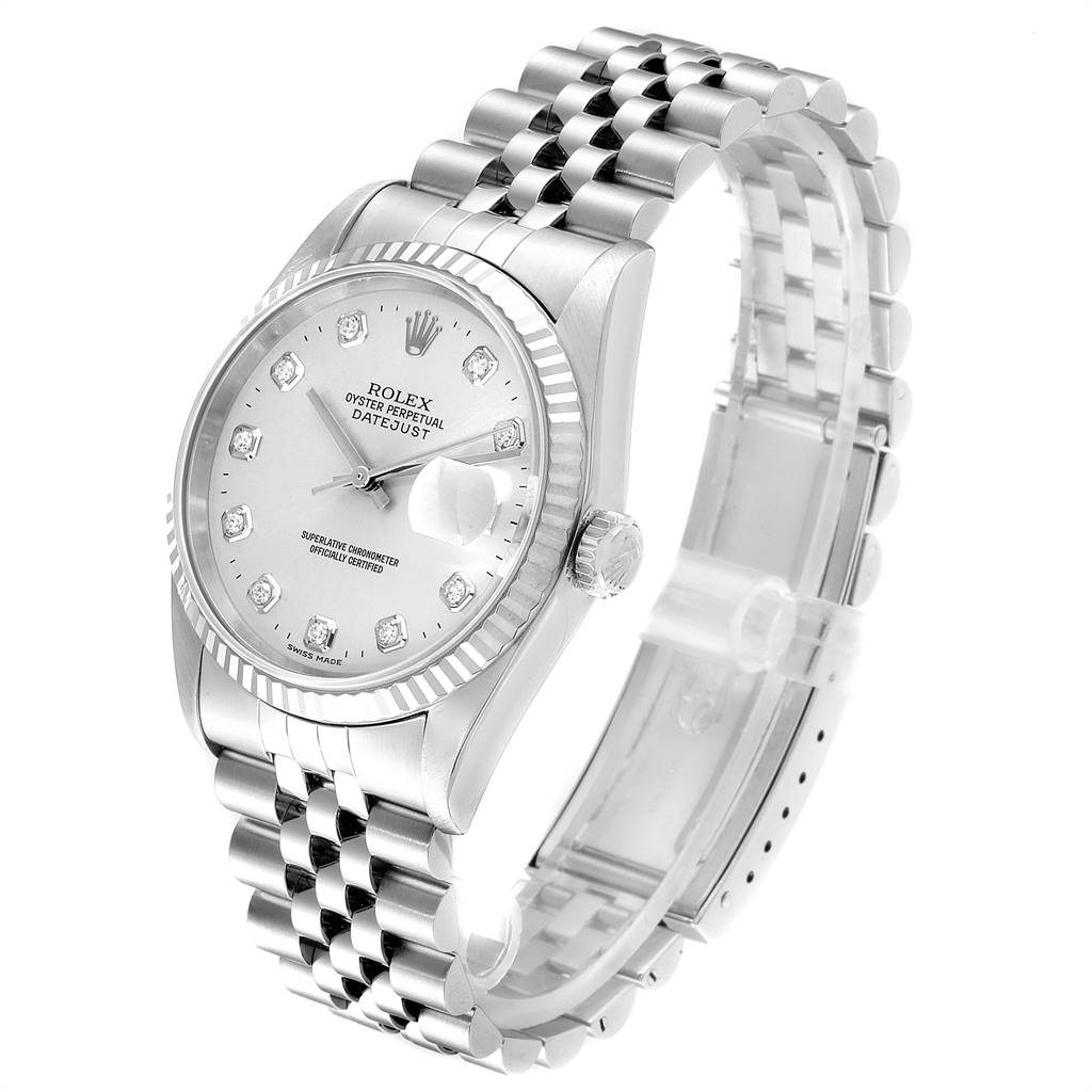 The image shows a Rolex Datejust 16234 Men's Stainless Steel Silver Dial 16234 Men's Stainless Steel Silver Dial watch at an angled side view, highlighting its dial, bezel, and Jubilee bracelet.
