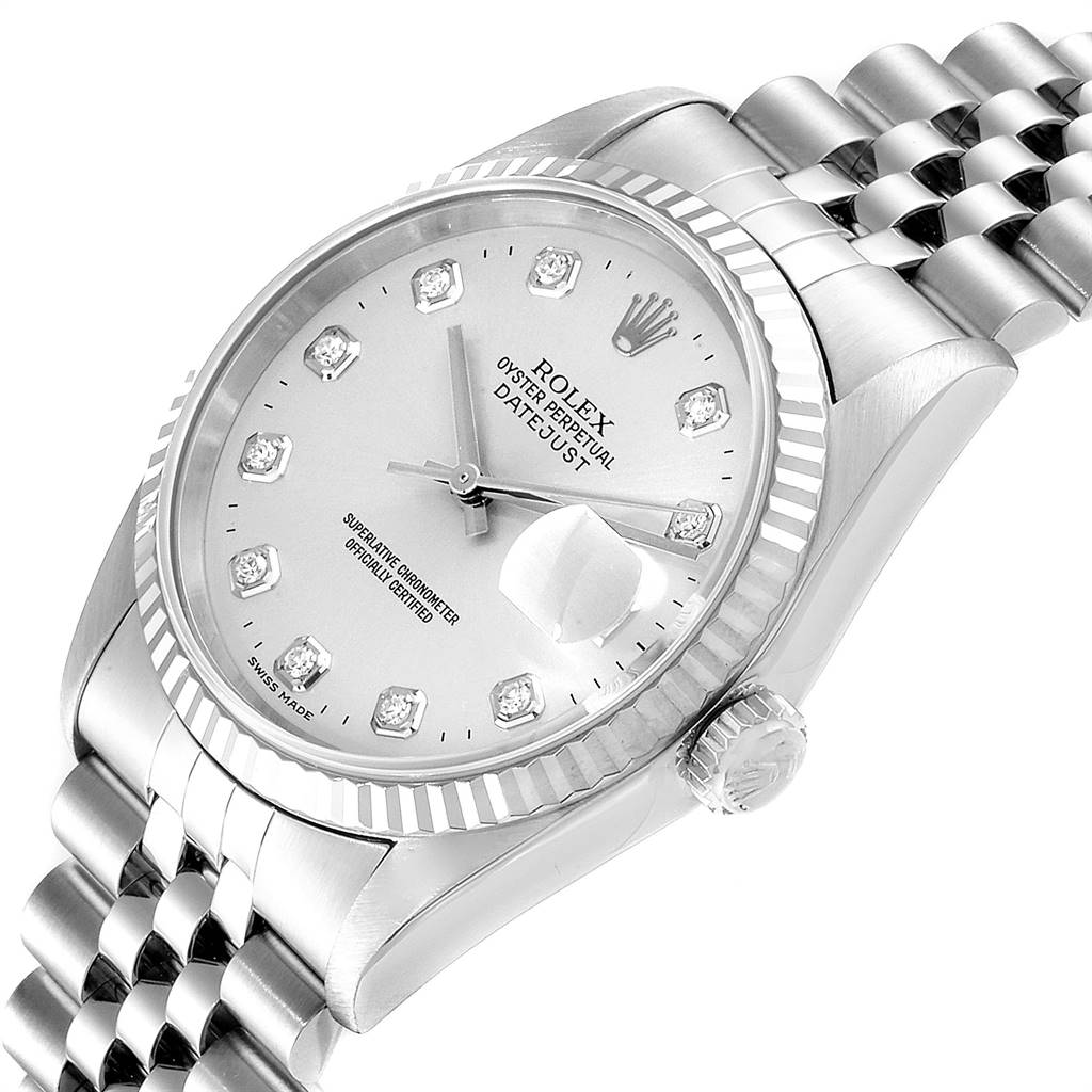 The image shows a Rolex Datejust 16234 Men's Stainless Steel Silver Dial 16234 Men's Stainless Steel Silver Dial watch from an angled side view, highlighting the bezel, crown, dial, and bracelet.
