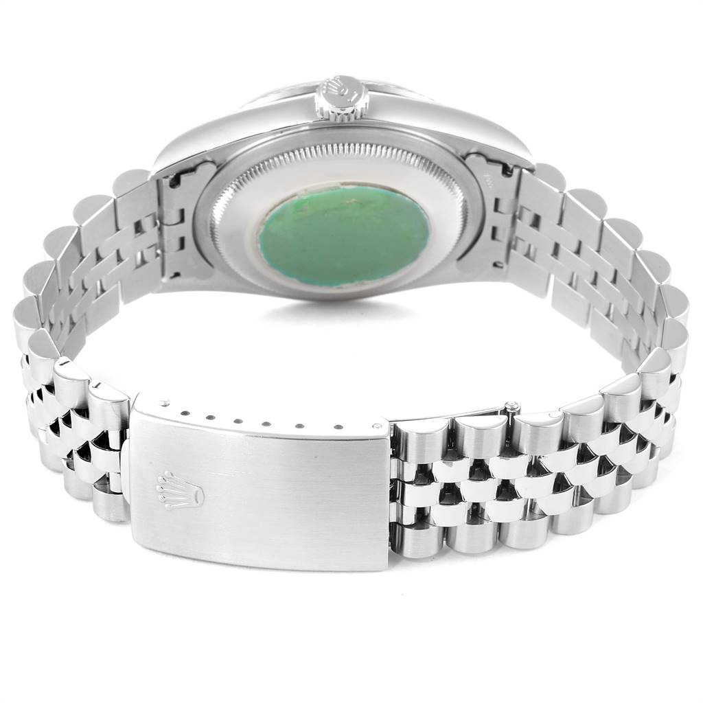 The image shows the back view of a Rolex Datejust 16234 Men's Stainless Steel Silver Dial 16234 Men's Stainless Steel Silver Dial watch, highlighting the case back, crown, and Jubilee bracelet with clasp.