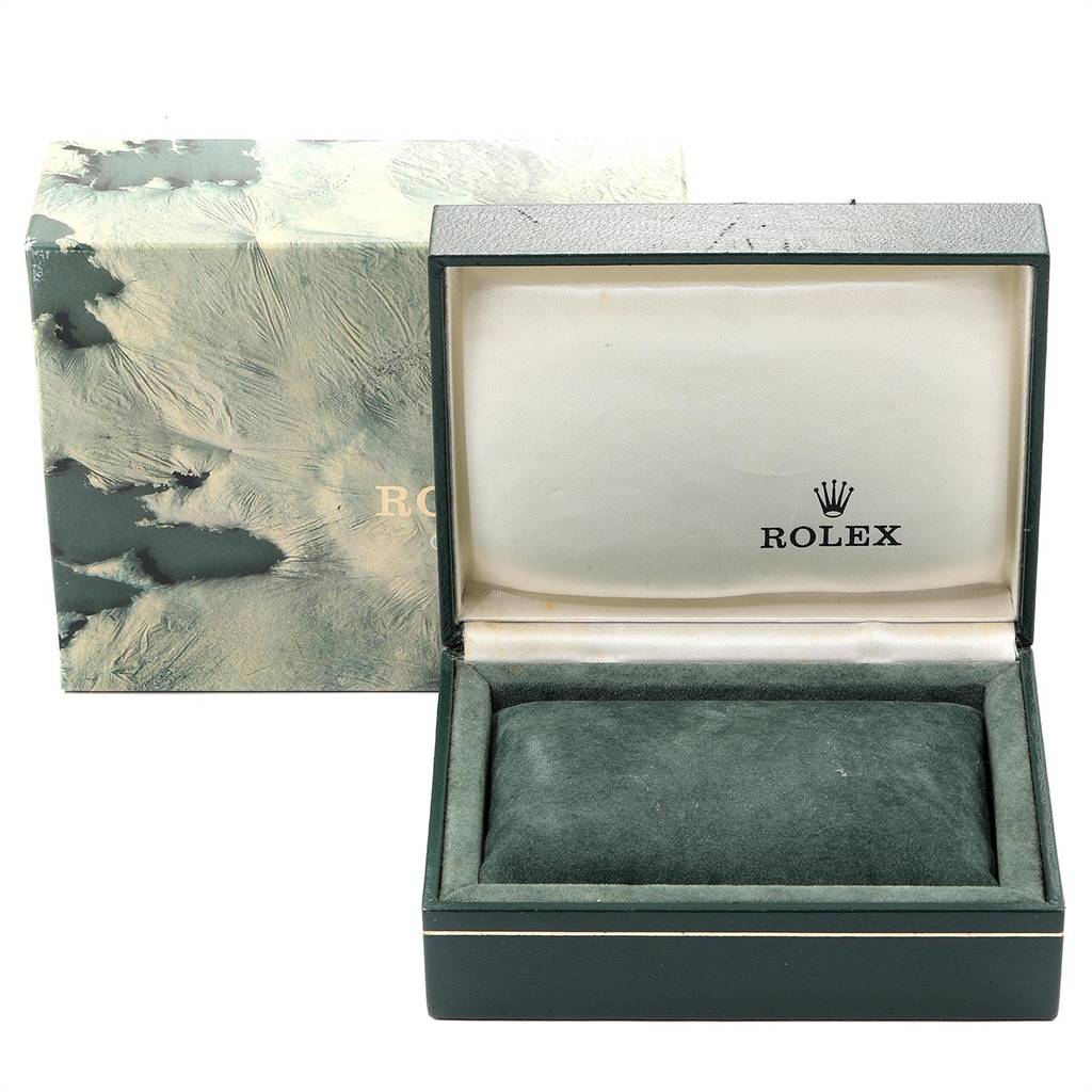 This image shows an empty Rolex Datejust 16234 Men's Stainless Steel Silver Dial 16234 Men's Stainless Steel Silver Dial watch box and its outer box from a front angle.