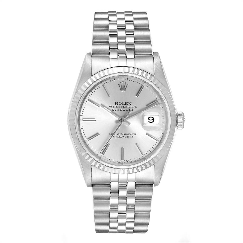 The image shows a front view of the Rolex Datejust 16234 Men's Stainless Steel Silver Dial 16234 Men's Stainless Steel Silver Dial watch, highlighting the dial, bezel, bracelet, and date window.