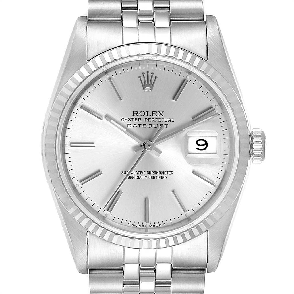 This image of the Rolex Datejust 16234 Men's Stainless Steel Silver Dial 16234 Men's Stainless Steel Silver Dial watch shows the dial, bezel, bracelet, crown, and the date window at a frontal angle.