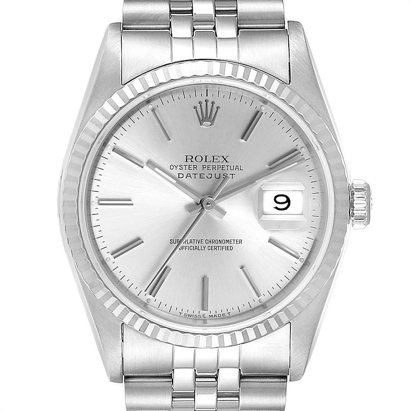 This image of the Rolex Datejust watch shows the dial, bezel, bracelet, crown, and the date window at a frontal angle.