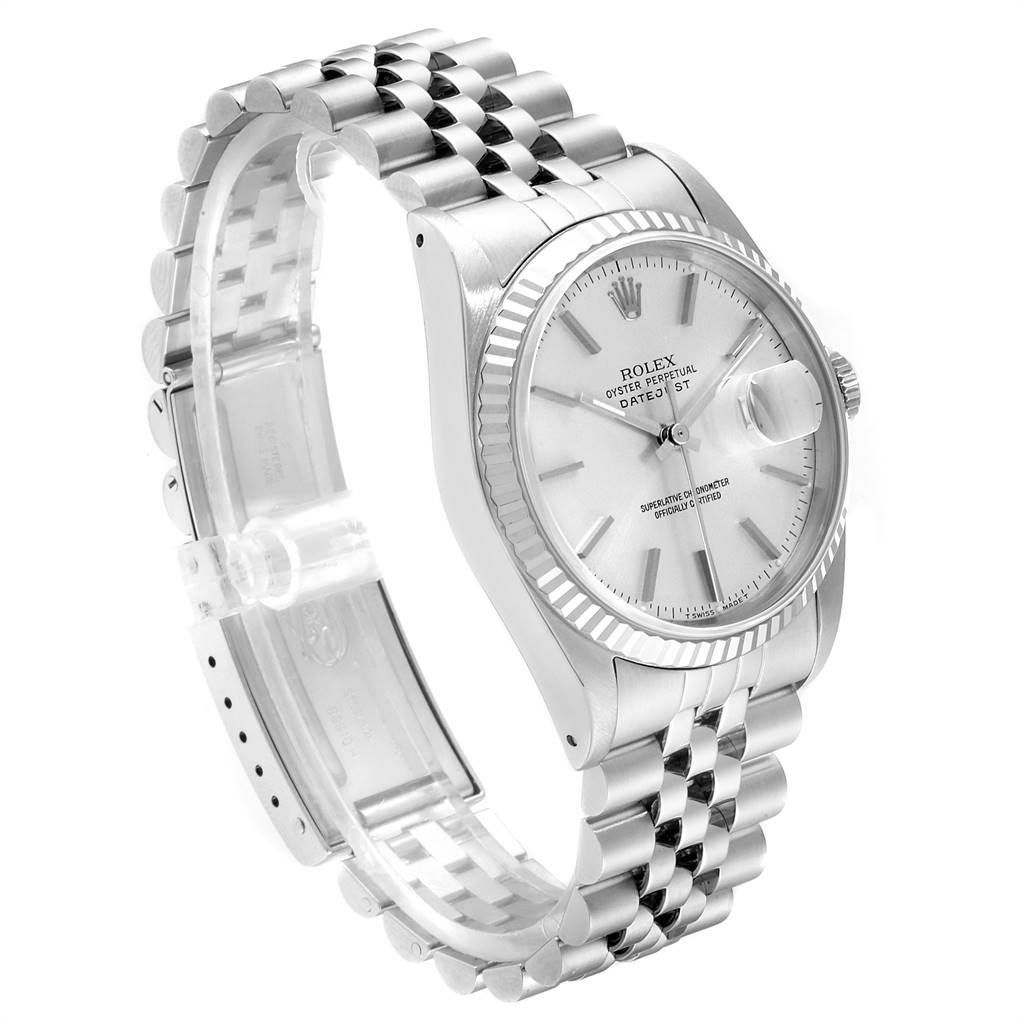 This image shows a side angle of a Rolex Datejust 16234 Men's Stainless Steel Silver Dial 16234 Men's Stainless Steel Silver Dial watch, revealing the face, bezel, and bracelet.