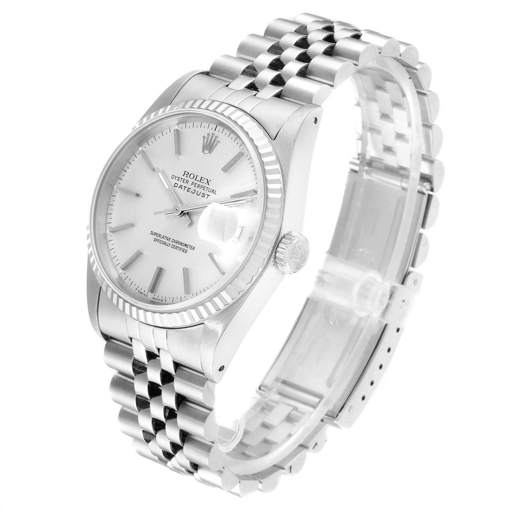The Rolex Datejust 16234 Men's Stainless Steel Silver Dial 16234 Men's Stainless Steel Silver Dial watch is shown at a three-quarter angle, highlighting its face, bezel, crown, and bracelet.
