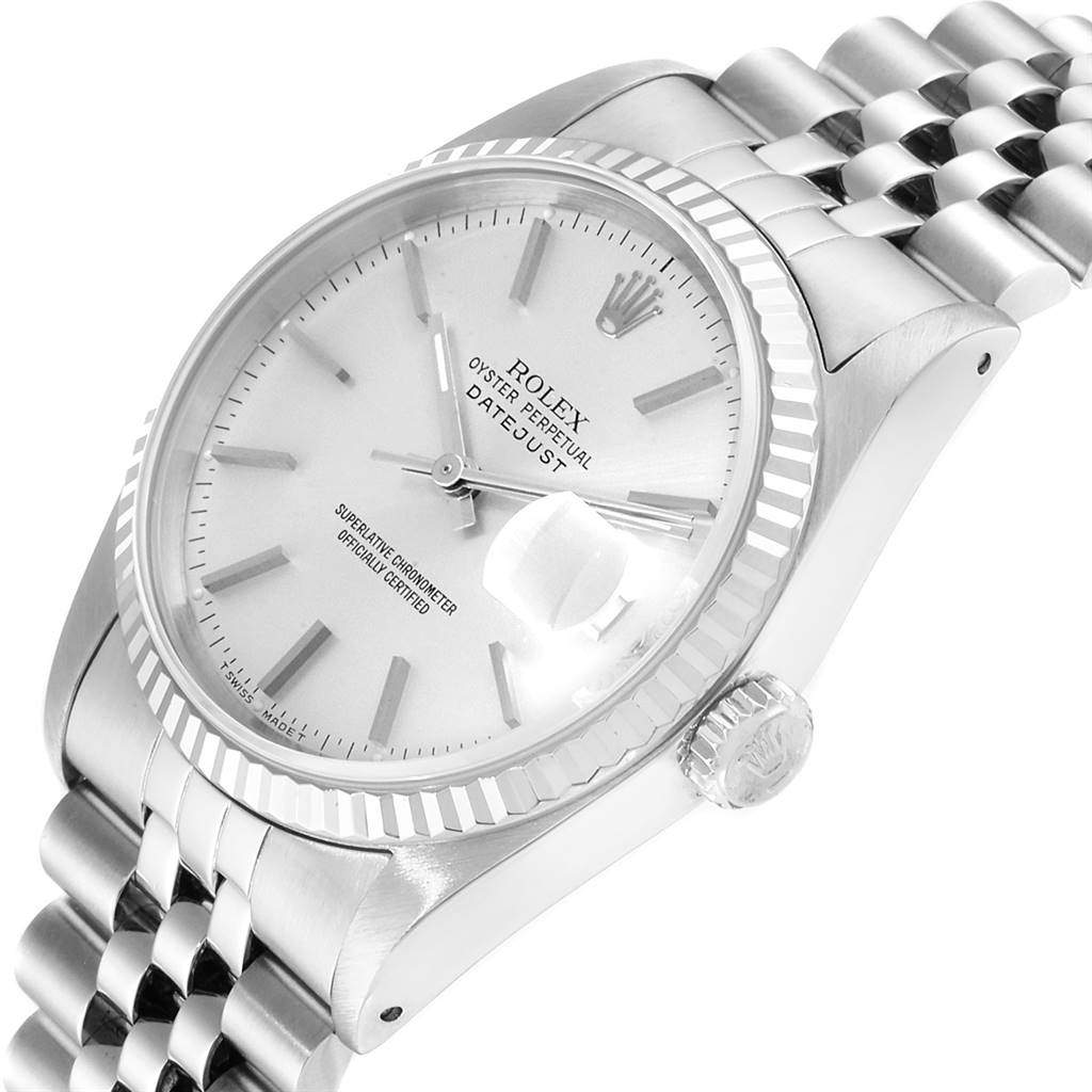 The Rolex Datejust 16234 Men's Stainless Steel Silver Dial 16234 Men's Stainless Steel Silver Dial watch is shown at an angled close-up, showcasing the dial, bezel, crown, and part of the bracelet.