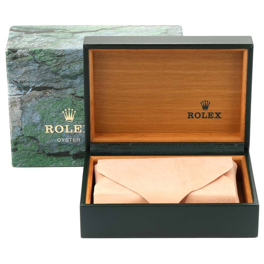 The image shows a Rolex Datejust 16233 Men
s Steel and Gold (two tone) Beige Dial 16233 Men
s Steel and Gold (two tone) Beige Dial watch box and packaging from a front angle, including an outer box, inner box, and protective pouch.