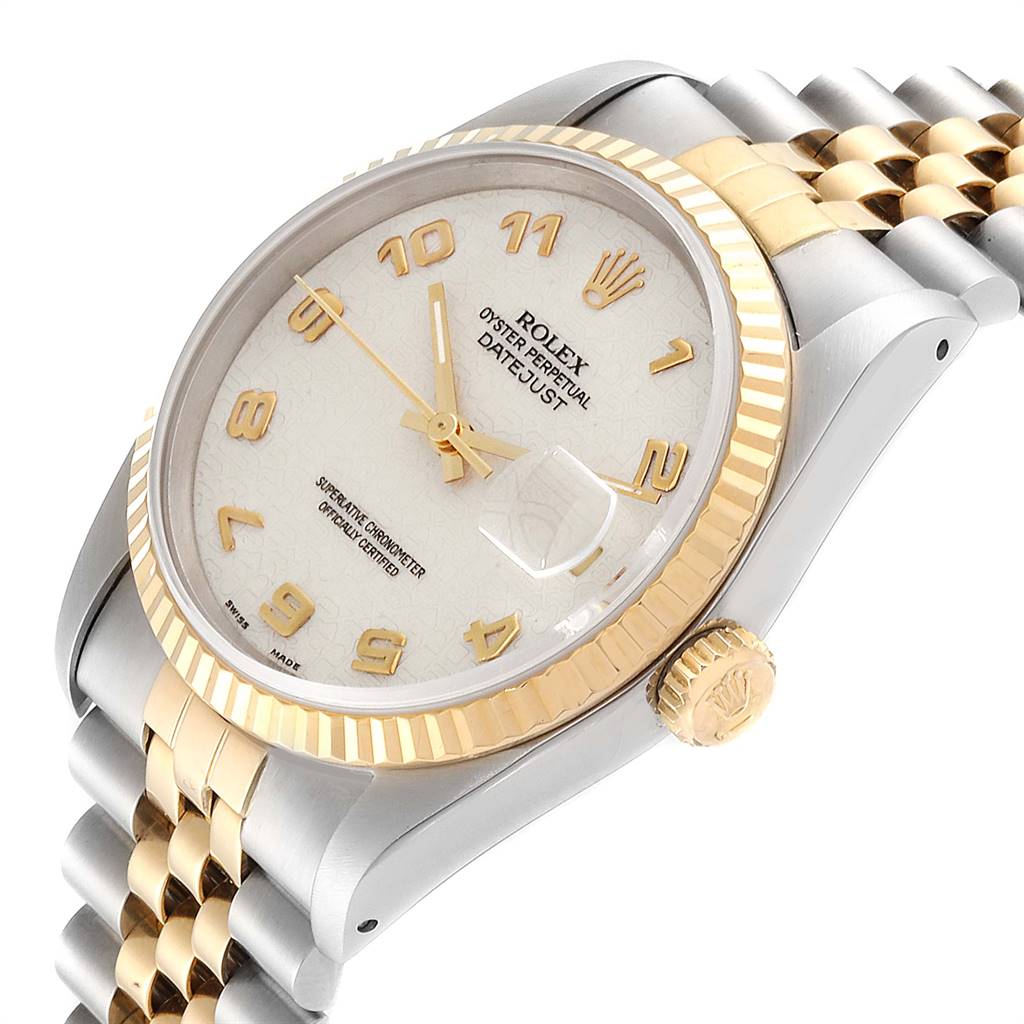 This image shows a Rolex Datejust 16233 Men
s Steel and Gold (two tone) Beige Dial 16233 Men
s Steel and Gold (two tone) Beige Dial watch from a top-side angle, highlighting the dial, bezel, crown, and bracelet.