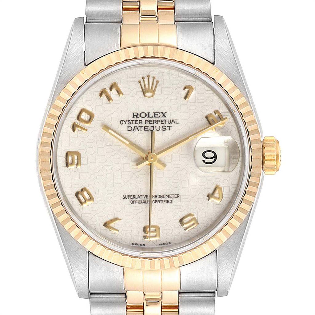 The image shows a front view of a Rolex Datejust 16233 Men
s Steel and Gold (two tone) Beige Dial 16233 Men
s Steel and Gold (two tone) Beige Dial watch, highlighting the dial, bezel, and part of the bracelet.
