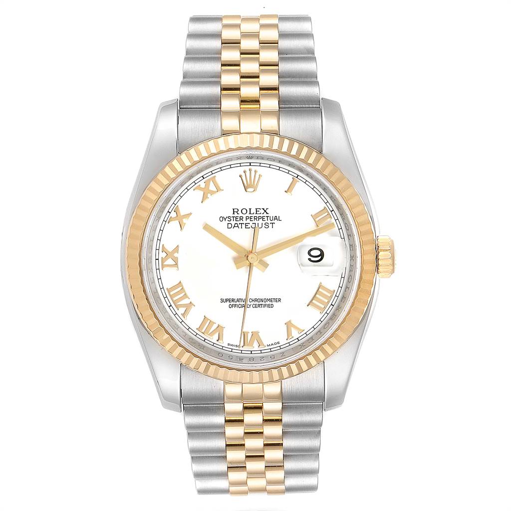 The image shows a front view of a Rolex Datejust 116233 Men's Stainless Steel White Dial 116233 Men's Stainless Steel White Dial watch, highlighting its dial, bezel, and bracelet.