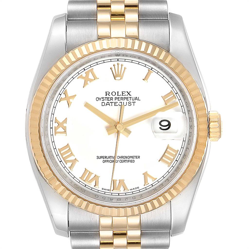 This Rolex Datejust 116233 Men's Stainless Steel White Dial 116233 Men's Stainless Steel White Dial model is shown from a front angle, displaying the dial, bezel, hands, and part of the bracelet.
