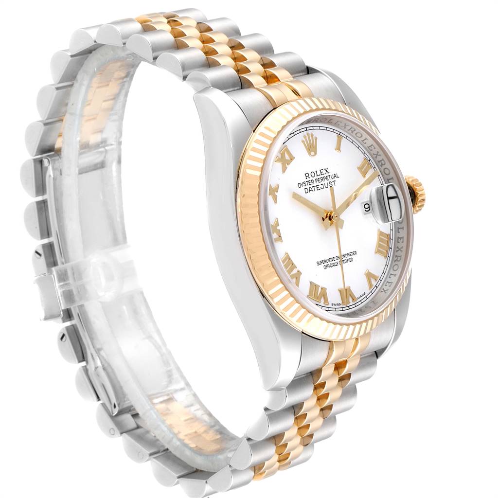 The image shows a side angle of the Rolex Datejust 116233 Men's Stainless Steel White Dial 116233 Men's Stainless Steel White Dial watch, highlighting its dial, fluted bezel, and two-tone bracelet.