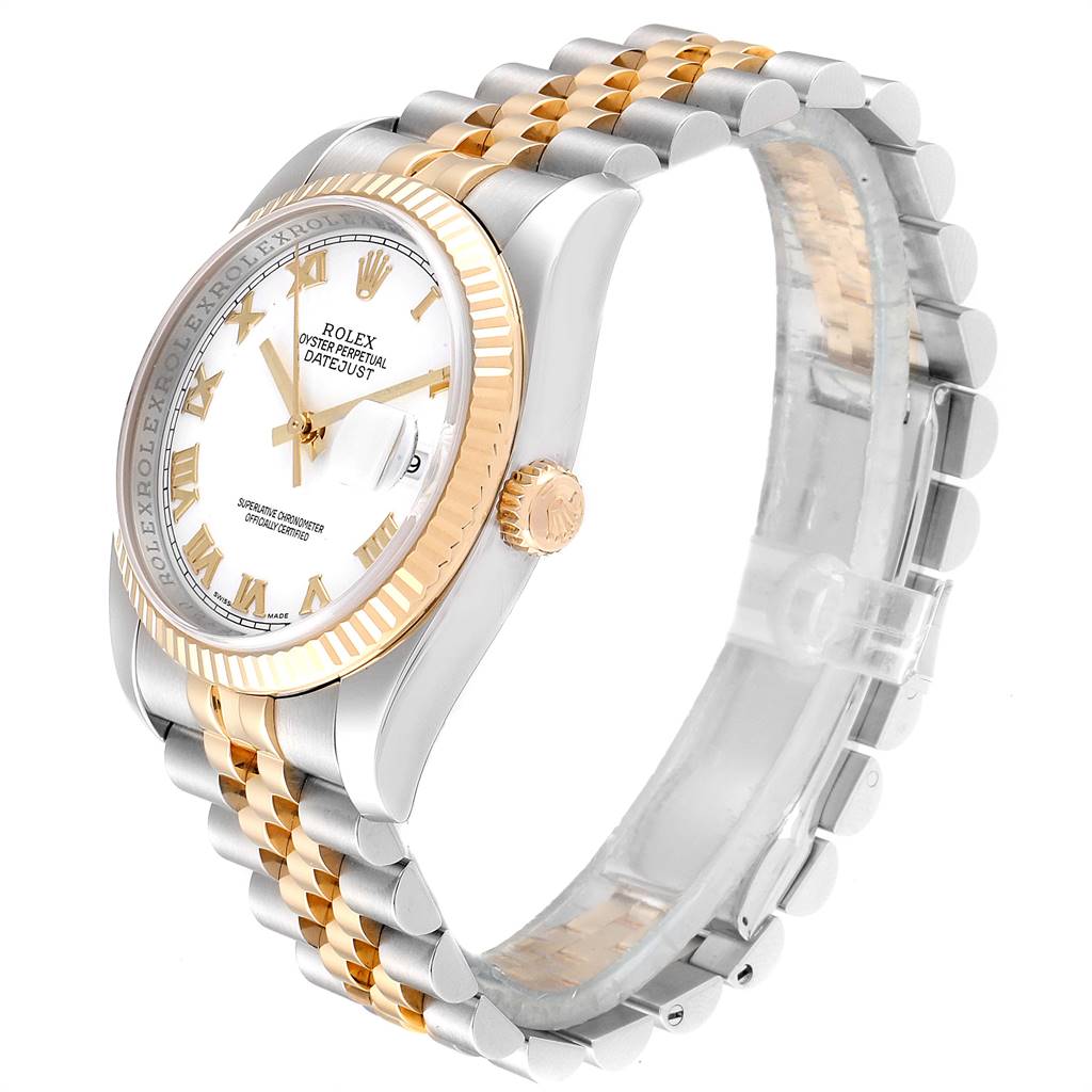 This Rolex Datejust 116233 Men's Stainless Steel White Dial 116233 Men's Stainless Steel White Dial watch is shown at a side angle, highlighting the bracelet, crown, and face with a white dial and fluted bezel.