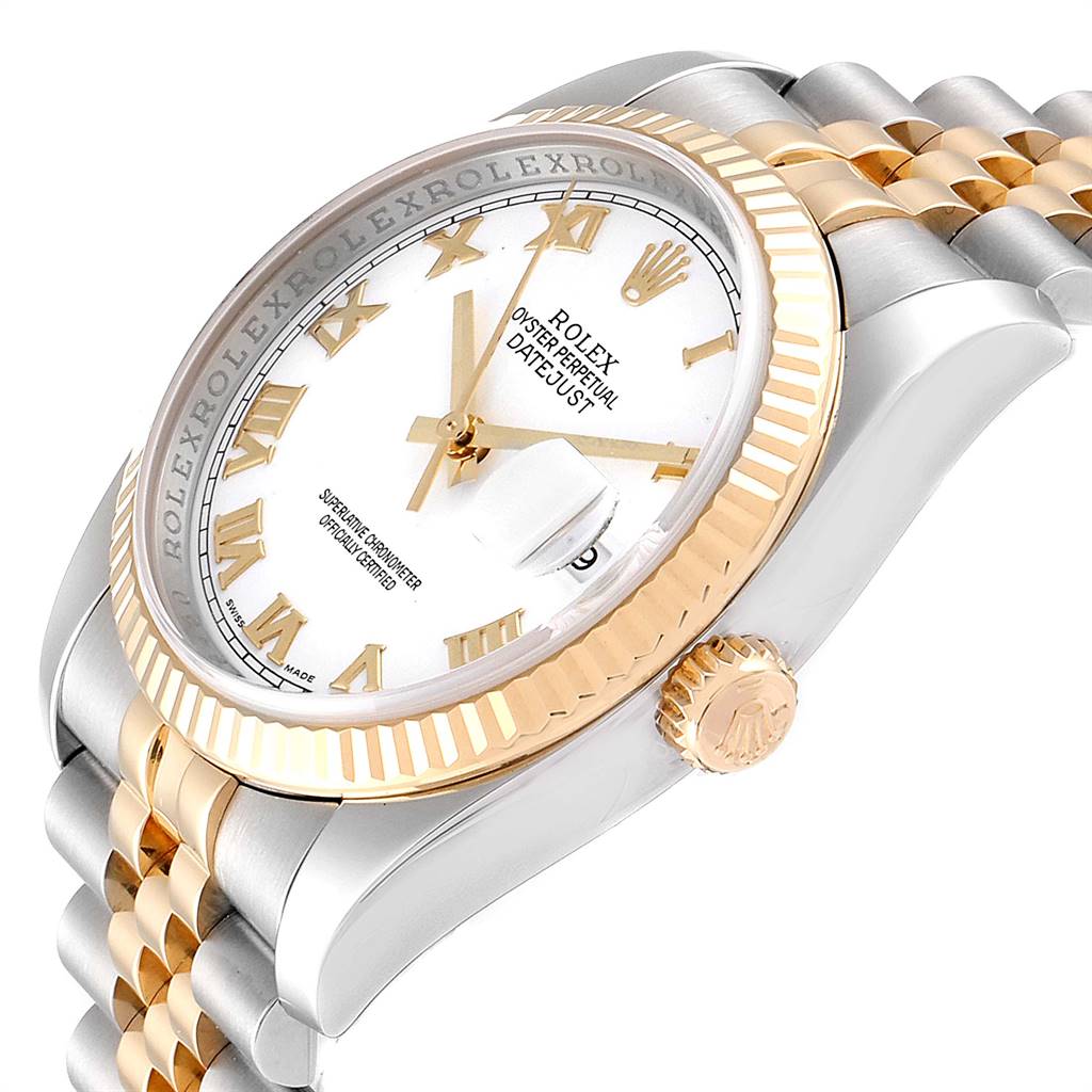 The image shows a side-angle view of the Rolex Datejust 116233 Men's Stainless Steel White Dial 116233 Men's Stainless Steel White Dial, highlighting the bezel, crown, dial, and bracelet.