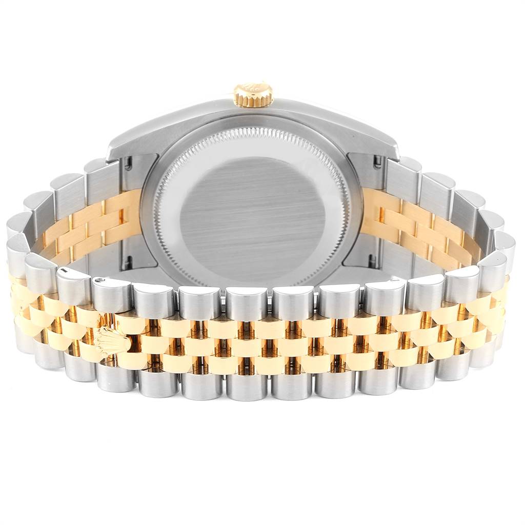 This image shows the back view of a Rolex Datejust 116233 Men's Stainless Steel White Dial 116233 Men's Stainless Steel White Dial watch, highlighting the case back and Jubilee bracelet in gold and silver.