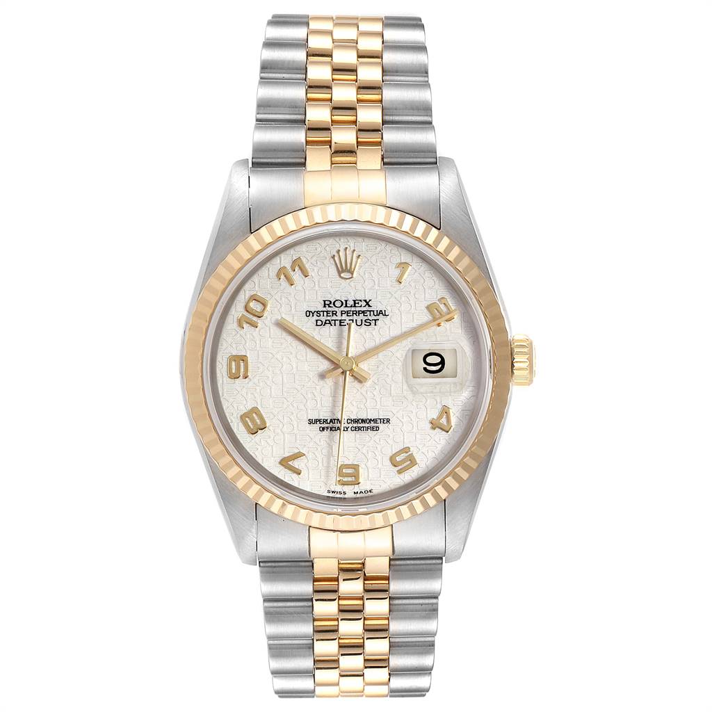This Rolex Datejust 16233 Men's Steel and Gold (two tone) Beige Dial 16233 Men's Steel and Gold (two tone) Beige Dial watch is shown from the front, highlighting the face, case, and two-tone bracelet.