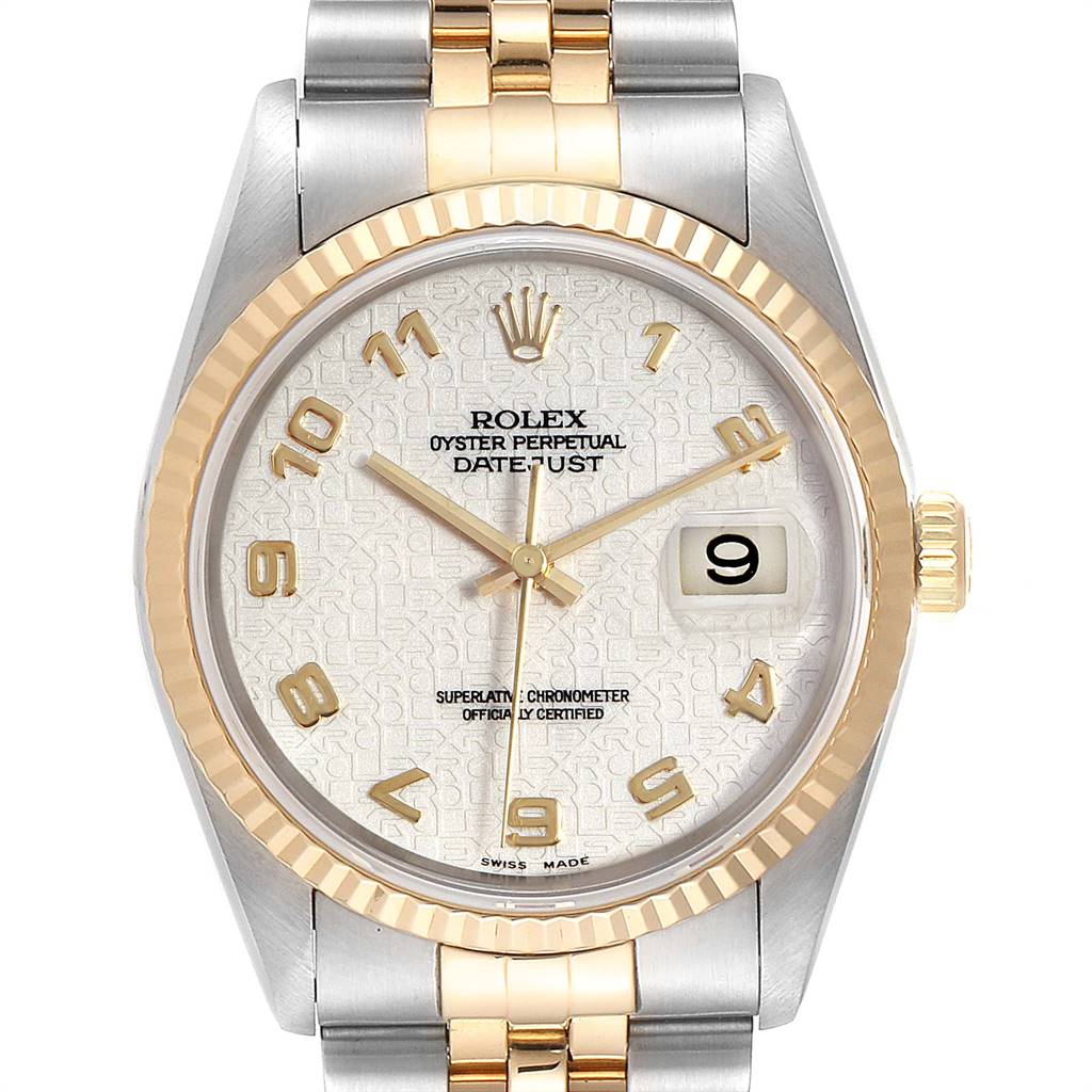 This image shows a front view of a Rolex Datejust 16233 Men's Steel and Gold (two tone) Beige Dial 16233 Men's Steel and Gold (two tone) Beige Dial watch, highlighting the dial, bezel, crown, and bracelet.