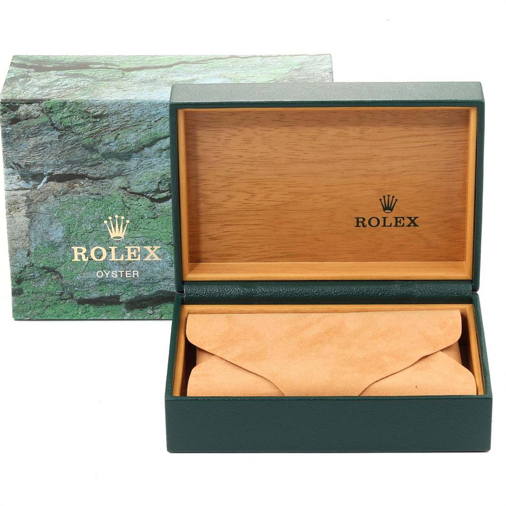 The image shows a Rolex Datejust 16233 Men's Steel and Gold (two tone) Beige Dial 16233 Men's Steel and Gold (two tone) Beige Dial watch box set, including the green exterior box and the brown interior watch holder.