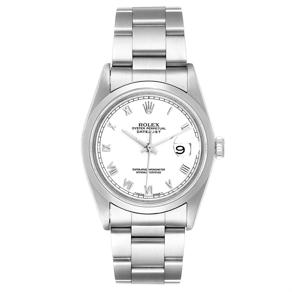 The Rolex Datejust 16200 Men's Stainless Steel White Dial 16200 Men's Stainless Steel White Dial watch is shown from a front angle, displaying its white dial, roman numerals, date window, and stainless steel bracelet.