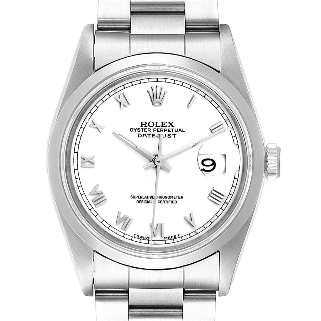 This image shows a front view of a Rolex Datejust 16200 Men's Stainless Steel White Dial 16200 Men's Stainless Steel White Dial watch, detailing the dial, bezel, case, crown, and part of the bracelet.