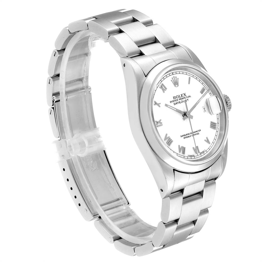 The Rolex Datejust 16200 Men's Stainless Steel White Dial 16200 Men's Stainless Steel White Dial watch is displayed at an angle showing the face, crown, and partially opened Oyster bracelet.