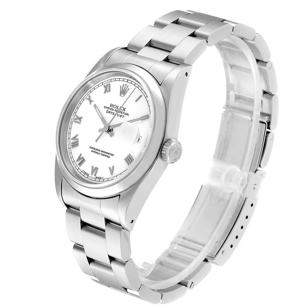 The image shows a Rolex Datejust 16200 Men's Stainless Steel White Dial 16200 Men's Stainless Steel White Dial watch at a three-quarter angle, displaying the dial, bracelet, and crown.