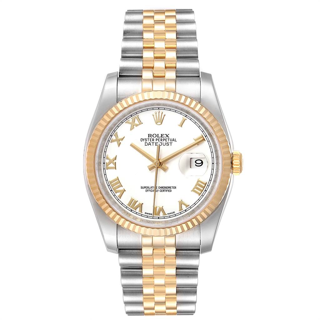 This image shows a Rolex Datejust 116233 Men's Stainless Steel White Dial 116233 Men's Stainless Steel White Dial watch from a front angle, featuring a two-tone bracelet, white dial, Roman numerals, and date display.