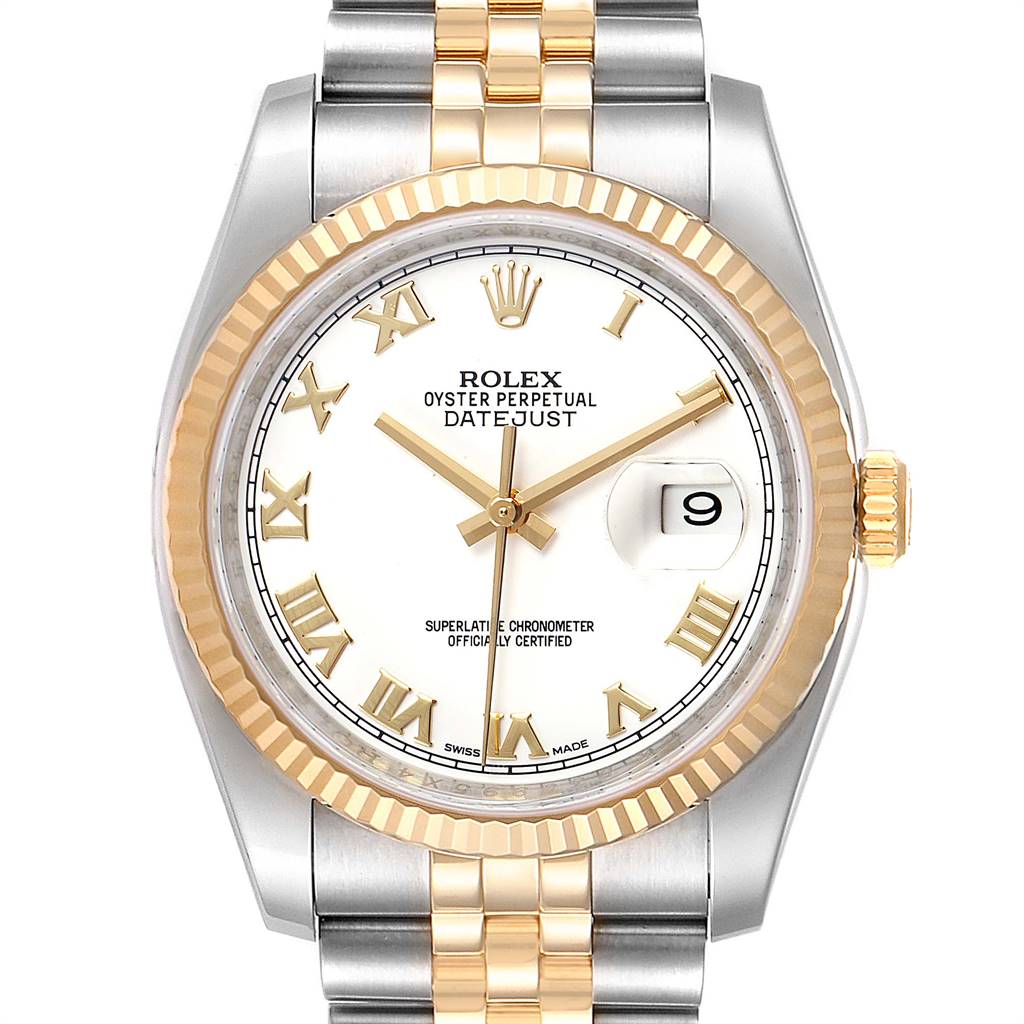 This image shows a Rolex Datejust 116233 Men's Stainless Steel White Dial 116233 Men's Stainless Steel White Dial watch from a front angle displaying the face, bezel, and part of the bracelet.