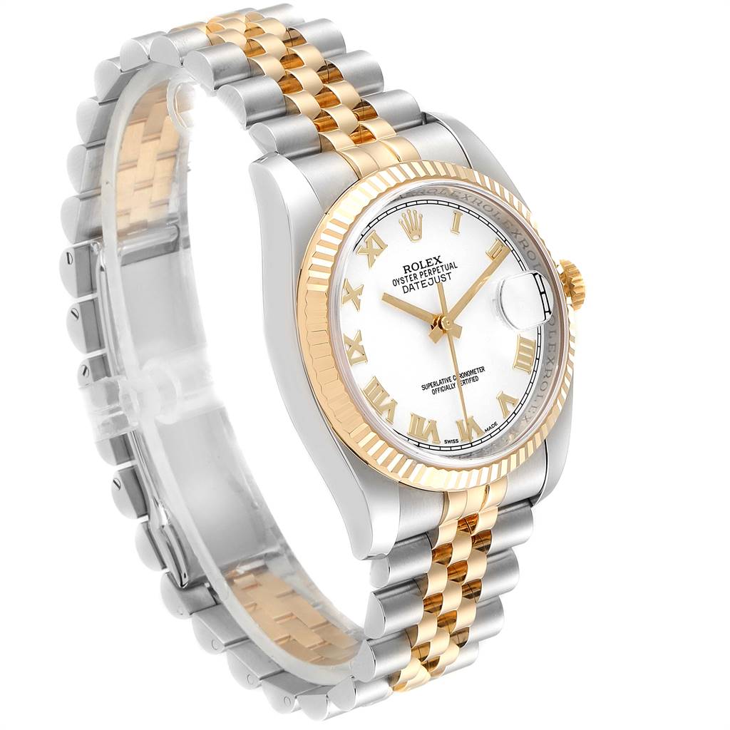 The image shows a side angle of a Rolex Datejust 116233 Men's Stainless Steel White Dial 116233 Men's Stainless Steel White Dial watch, highlighting its gold and silver bracelet, white dial, and fluted bezel.
