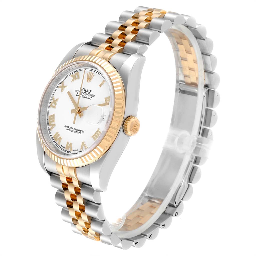 The image shows a Rolex Datejust 116233 Men's Stainless Steel White Dial 116233 Men's Stainless Steel White Dial watch at a side angle, highlighting its two-tone bracelet, crown, and white dial with gold accents.