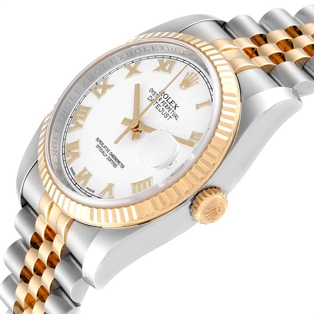 The image shows a Rolex Datejust 116233 Men's Stainless Steel White Dial 116233 Men's Stainless Steel White Dial watch at an angle showcasing the dial, bezel, crown, and part of the bracelet.