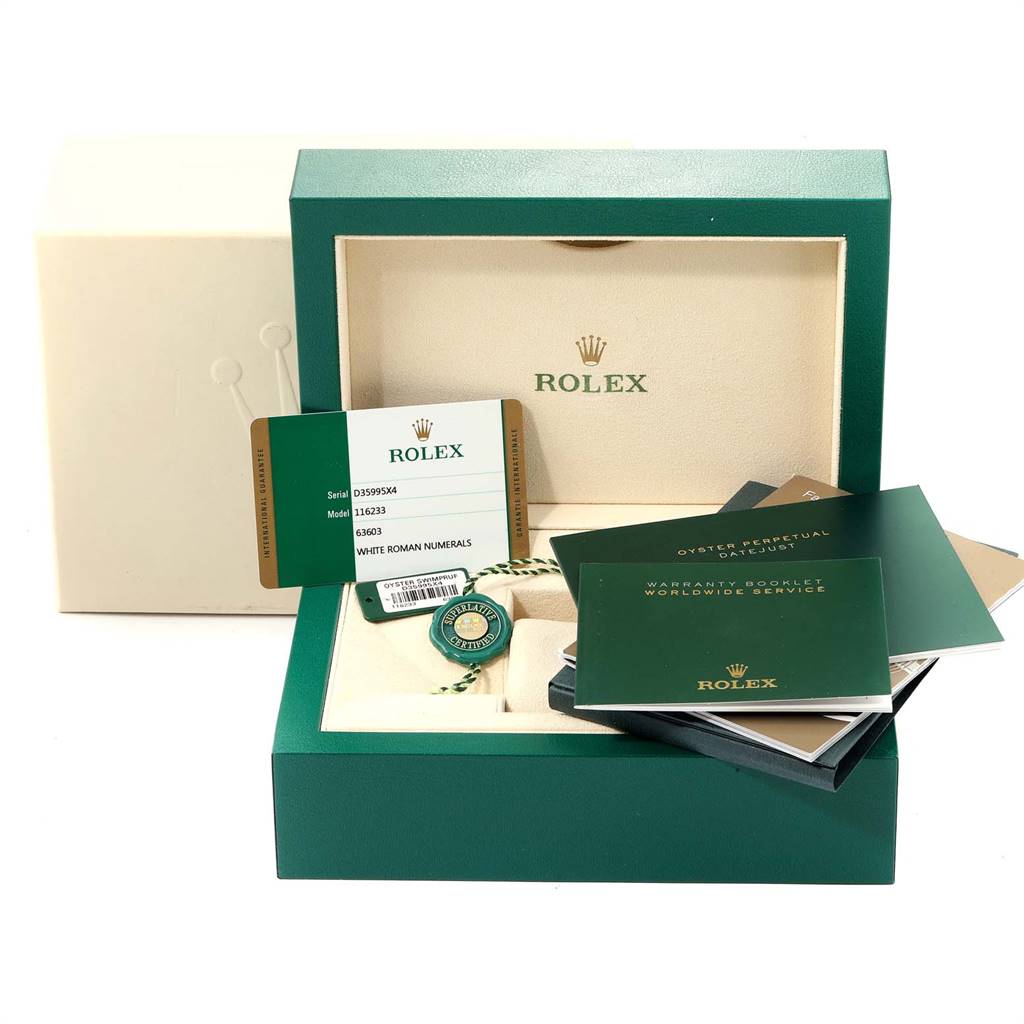 The image shows a Rolex Datejust 116233 Men's Stainless Steel White Dial 116233 Men's Stainless Steel White Dial watch box, warranty card, booklets, and tags from a straight-on perspective.