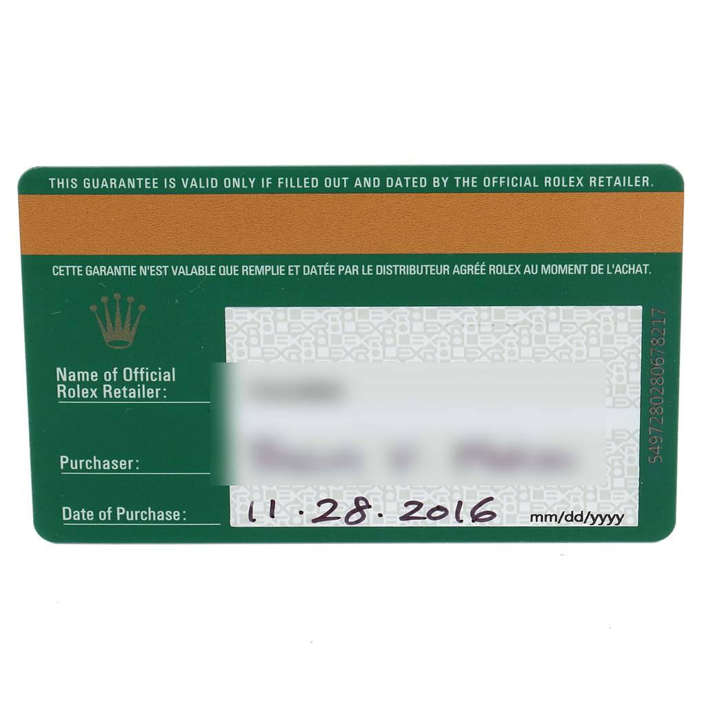 This image shows the warranty card from Rolex for the Datejust model, displaying purchase details and retailer information.