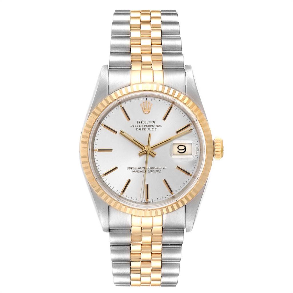 This image shows a Rolex Datejust 16233 Men
s Steel and Gold (two tone) Silver Dial 16233 Men
s Steel and Gold (two tone) Silver Dial watch from a frontal angle, including the dial, bracelet, bezel, and crown.