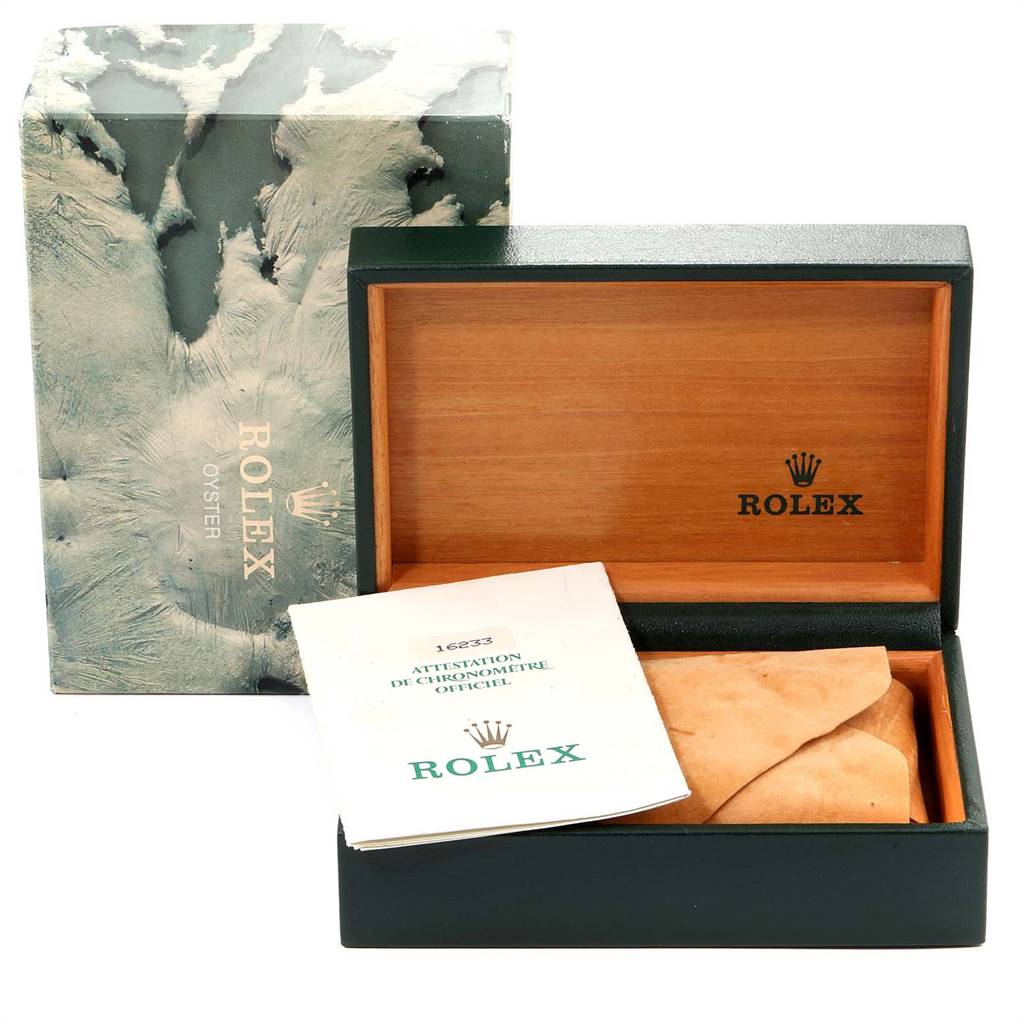 The image shows a Rolex Datejust 16233 Men's Steel and Gold (two tone) Champagne Dial 16233 Men's Steel and Gold (two tone) Champagne Dial box, outer packaging, and accompanying documents at a front angle.