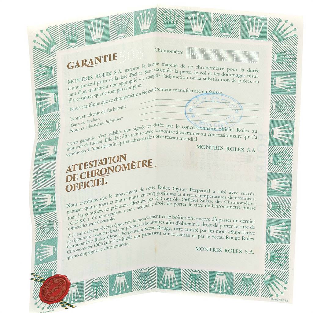 The image shows a warranty certificate and chronometer certification for the Rolex Datejust 16233 Men's Steel and Gold (two tone) Champagne Dial 16233 Men's Steel and Gold (two tone) Champagne Dial model.